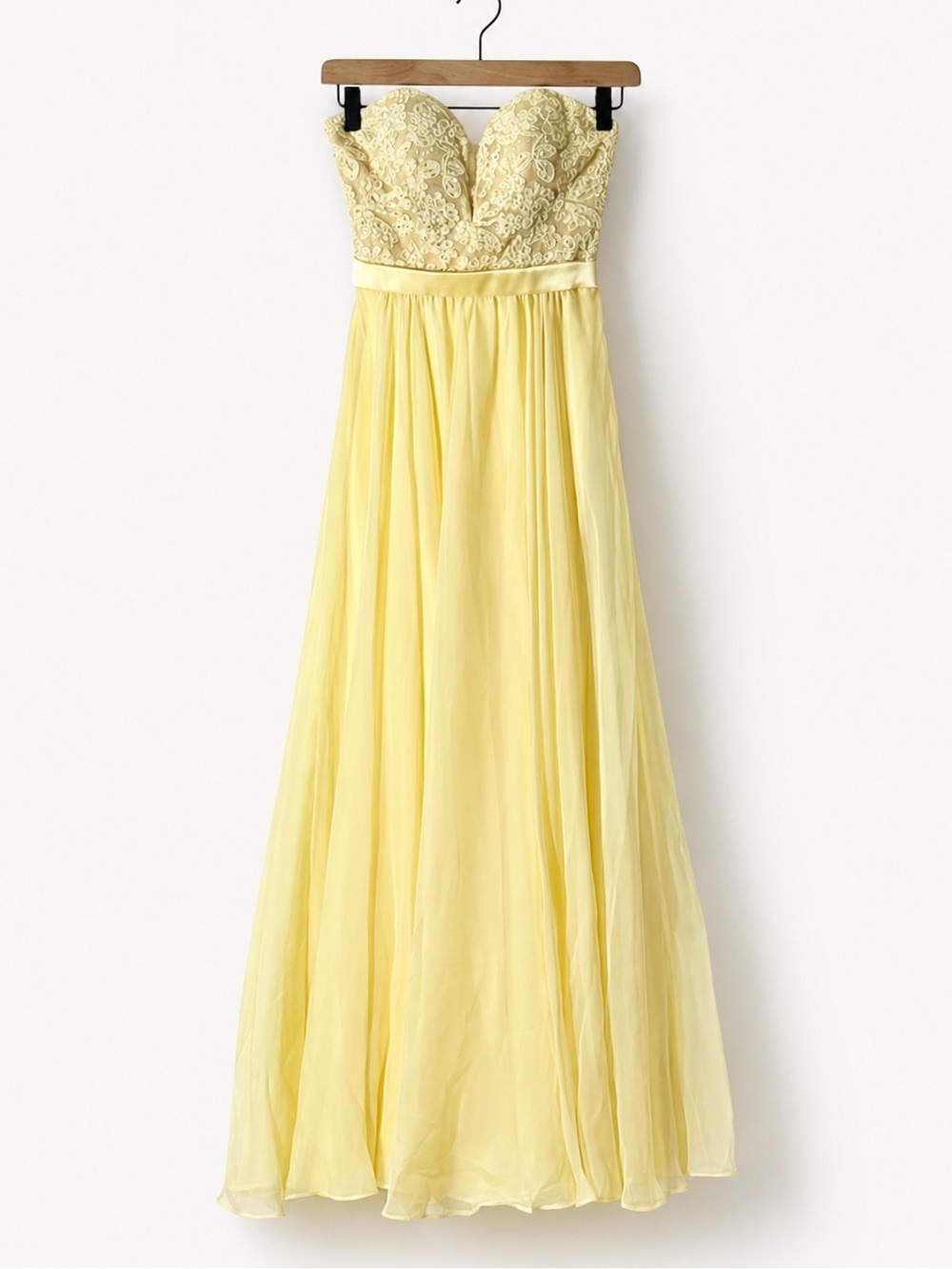 La Femme Butter Yellow Lace Rhinestone Strapless Corset Chiffon Maxi Prom Gown 0